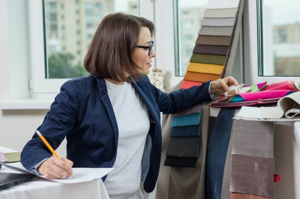 Woman textile interior designer working with fabric samples, hangers